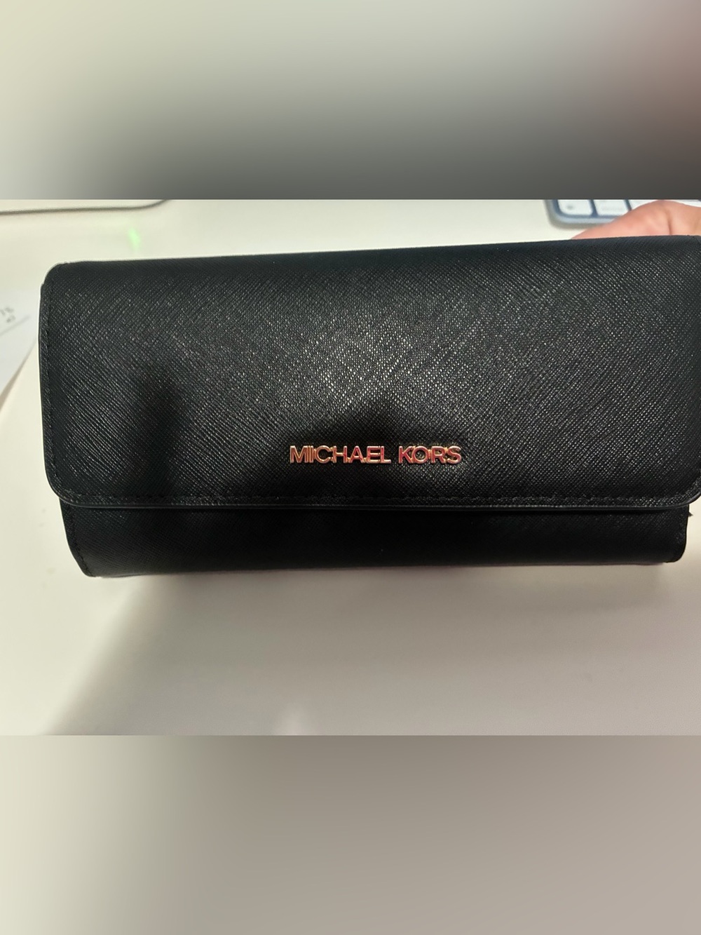 Michael Kors Black Leather Fold-Over Wallet with Gold Logo - Picture 4 of 5